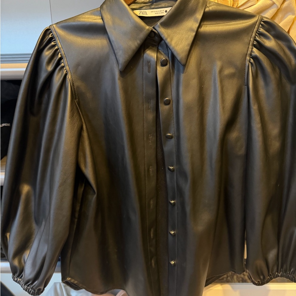 Zara Black Faux Leather Button Down Shirt